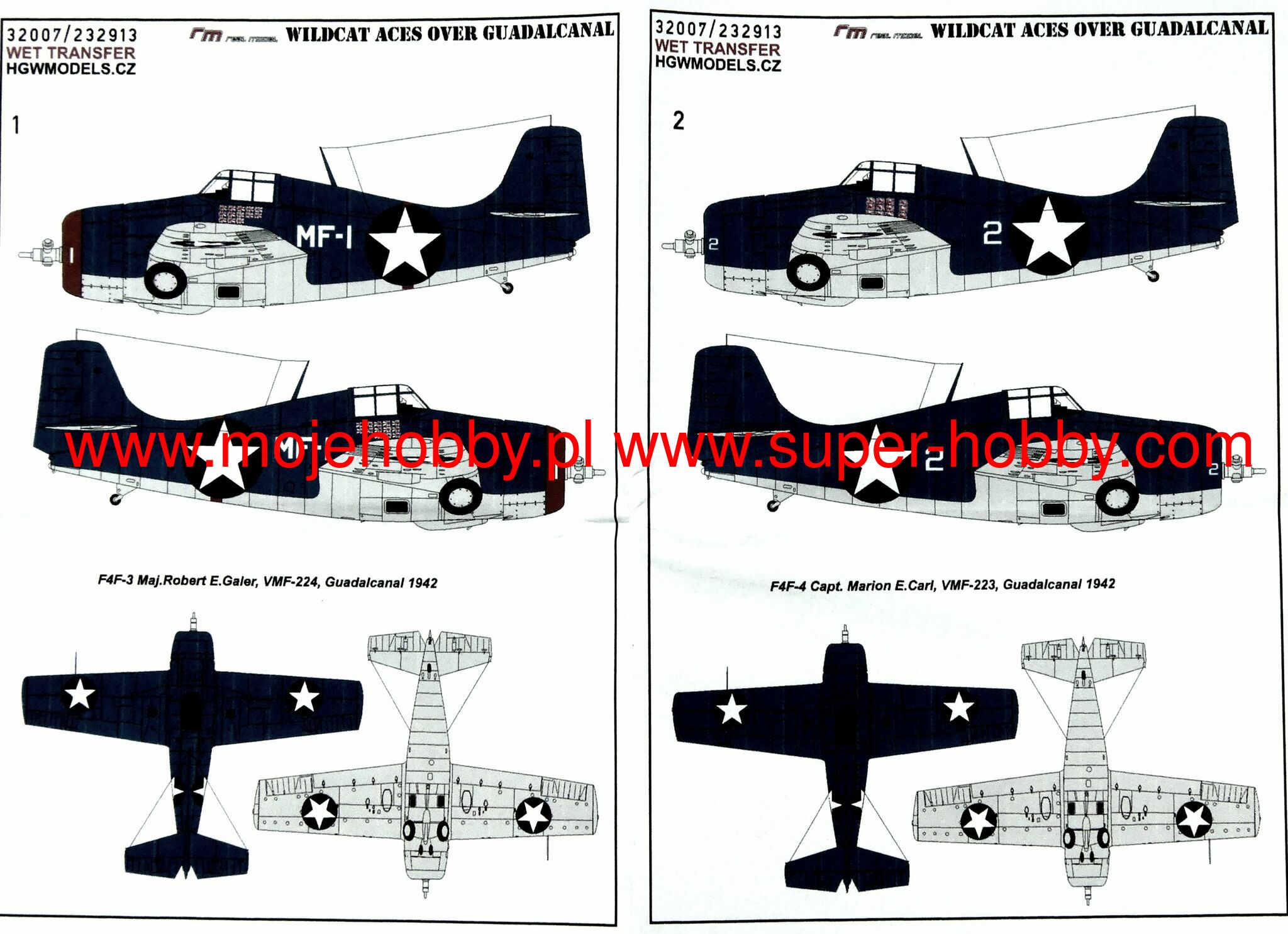 HGW 1/32 scale wet transfers for F4F-3/4 WILDCAT ACES over Guadalcanal- 232913 HGW 1/32 scale wet transfers for F4F-3/4 WILDCAT ACES over Guadalcanal- 232913